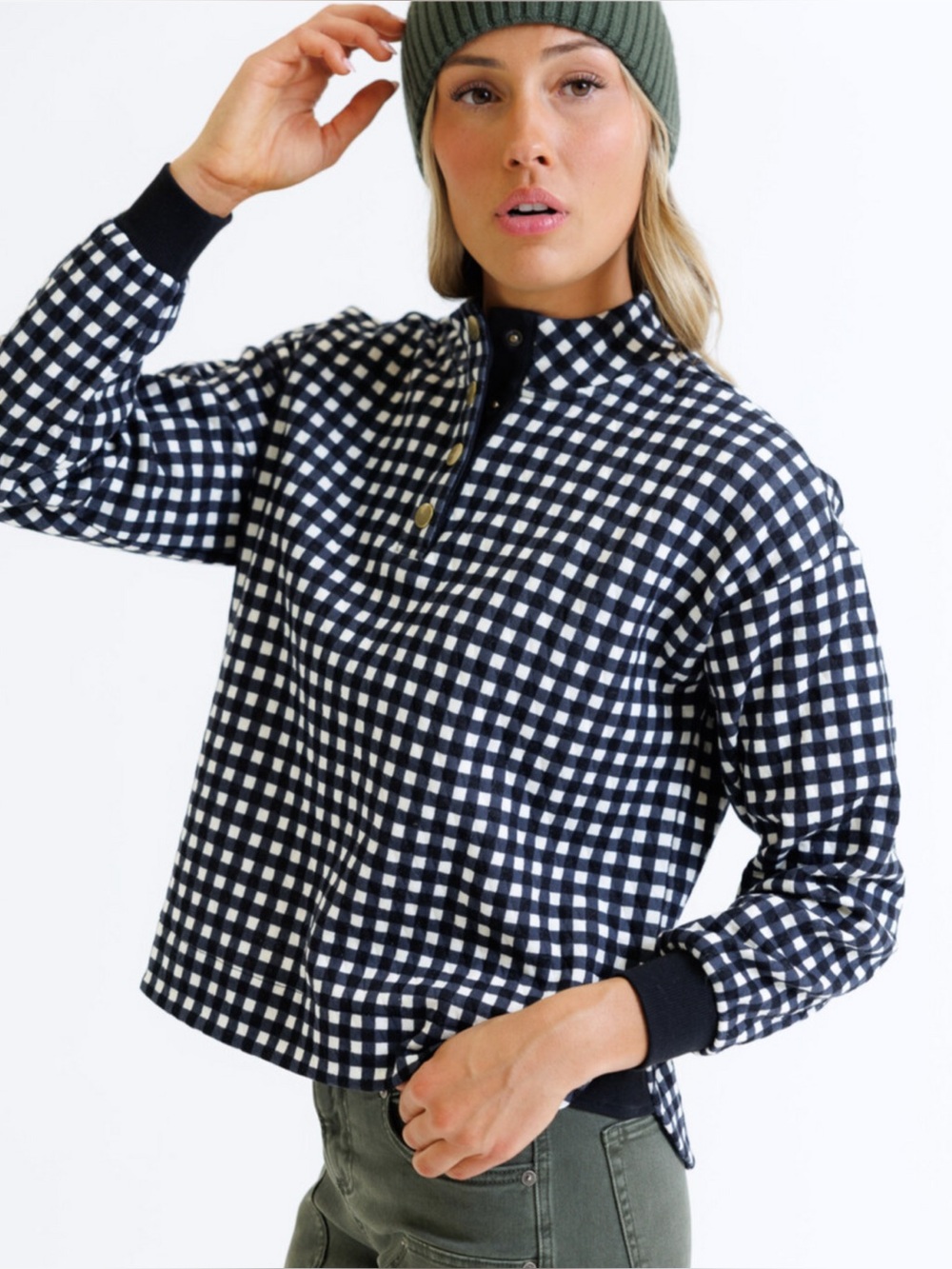 Downeast Gingham Snap Pullover Sweatshirt Black White Buffalo Check Medium